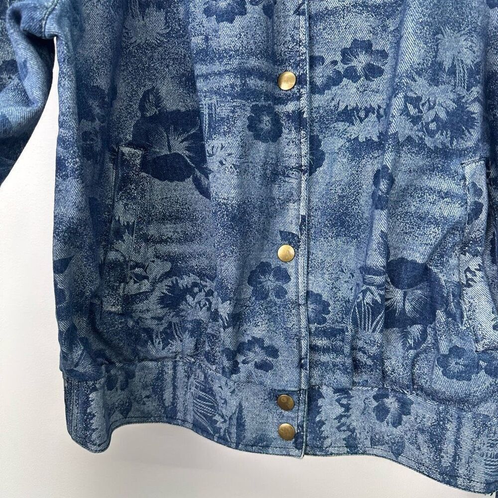 Learsi Women’s Vintage Hawaiian Hibiscus Floral Puff Sleeve Snap Jean Jacket - Picture 7 of 11